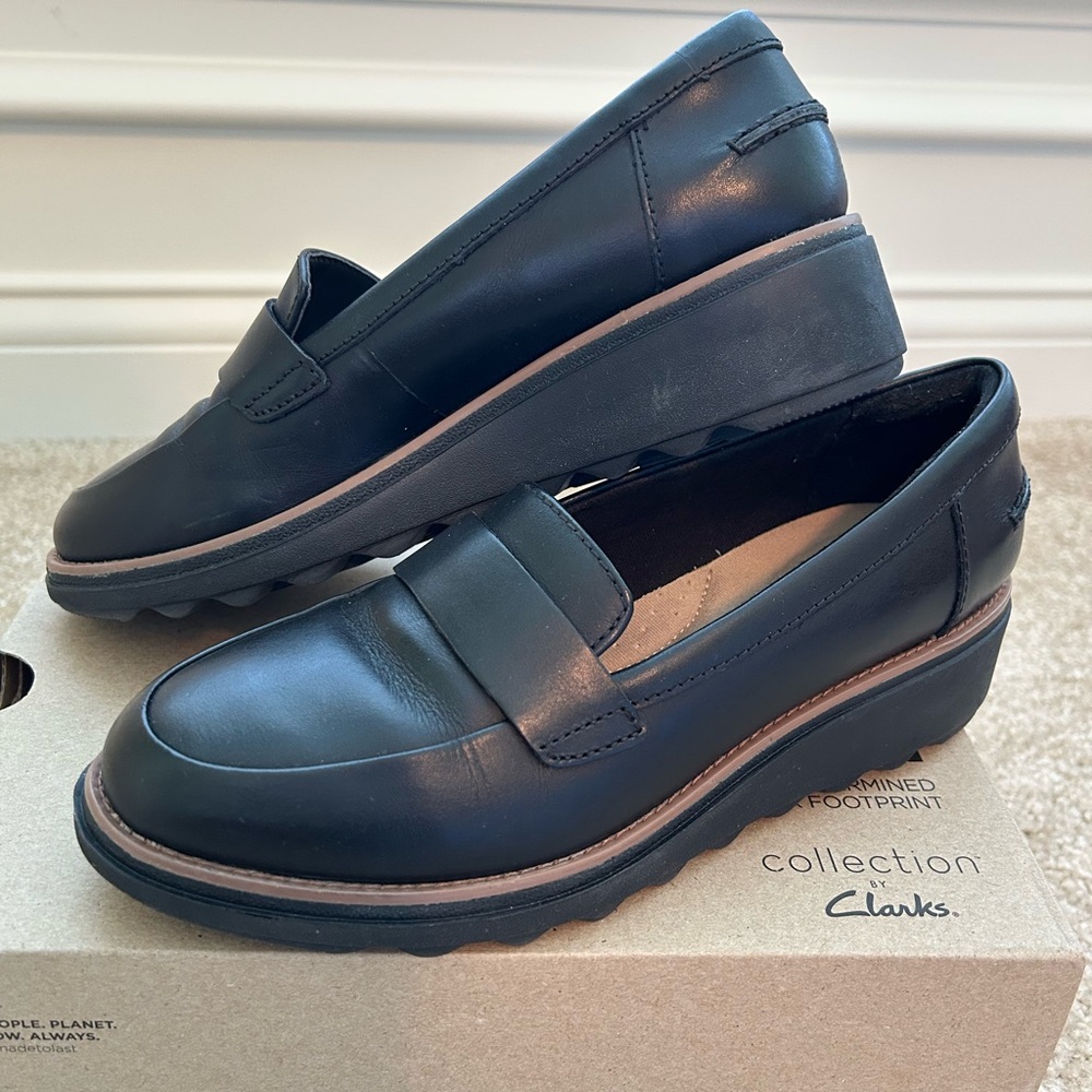 Clarks Black Flats Modern Penny Loafers